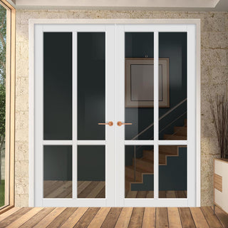Image: Bronx 4 Pane Solid Wood Internal Door Pair UK Made DD6315 - Tinted Glass - Eco-Urban® Cloud White Premium Primed