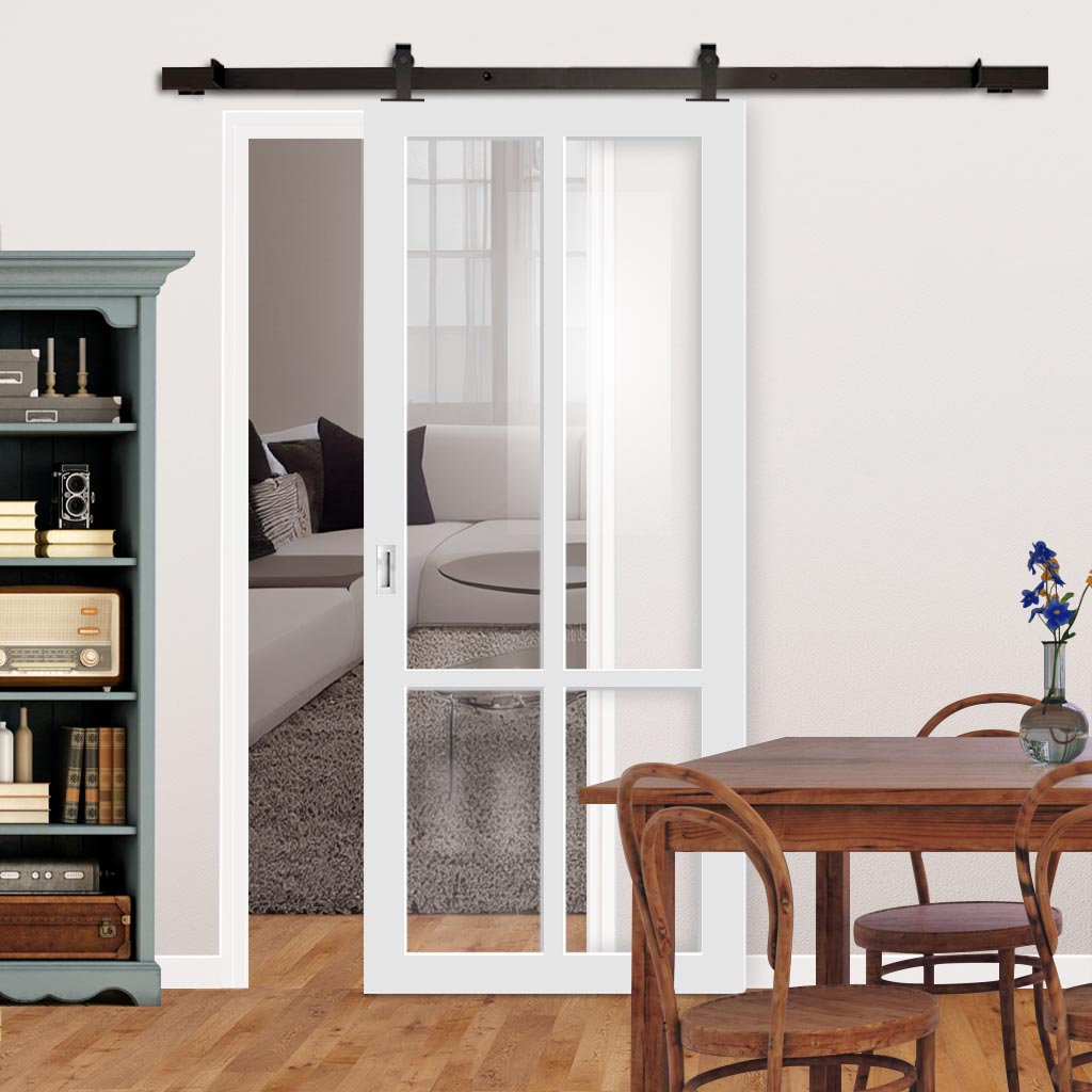 Top Mounted Black Sliding Track & Solid Wood Door - Eco-Urban® Bronx 4 Pane Solid Wood Door DD6315G - Clear Glass - Cloud White Premium Primed