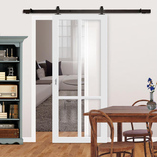 Image: Top Mounted Black Sliding Track & Solid Wood Door - Eco-Urban® Bronx 4 Pane Solid Wood Door DD6315G - Clear Glass - Cloud White Premium Primed