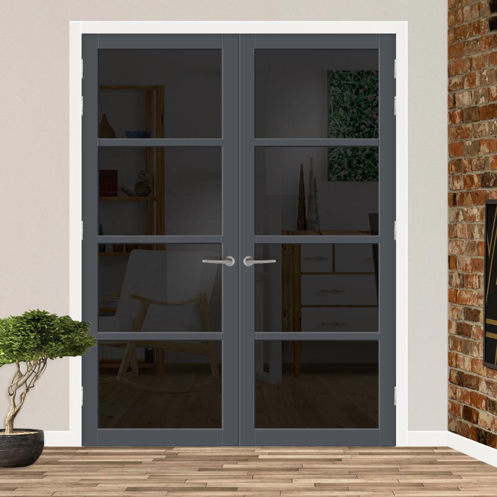Brooklyn 4 Pane Solid Wood Internal Door Pair UK Made DD6308 - Tinted Glass - Eco-Urban® Stormy Grey Premium Primed