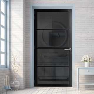 Image: Brooklyn 4 Pane Solid Wood Internal Door UK Made DD6308 - Tinted Glass - Eco-Urban® Shadow Black Premium Primed