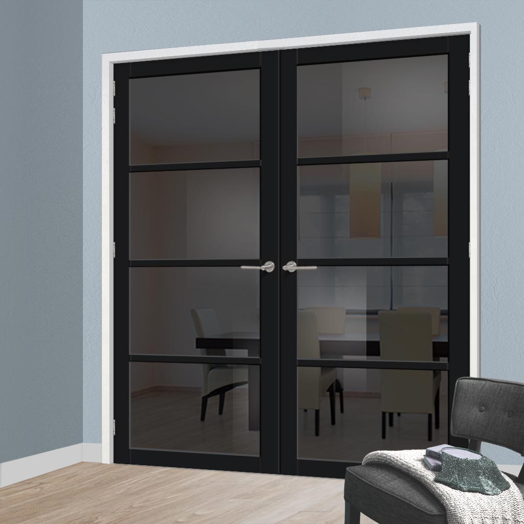 Brooklyn 4 Pane Solid Wood Internal Door Pair UK Made DD6308 - Tinted Glass - Eco-Urban® Shadow Black Premium Primed