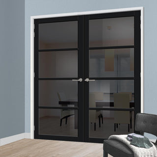Image: Brooklyn 4 Pane Solid Wood Internal Door Pair UK Made DD6308 - Tinted Glass - Eco-Urban® Shadow Black Premium Primed