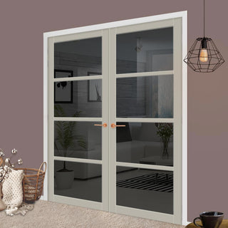 Image: Brooklyn 4 Pane Solid Wood Internal Door Pair UK Made DD6308 - Tinted Glass - Eco-Urban® Mist Grey Premium Primed