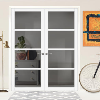 Image: Brooklyn 4 Pane Solid Wood Internal Door Pair UK Made DD6308 - Tinted Glass - Eco-Urban® Cloud White Premium Primed