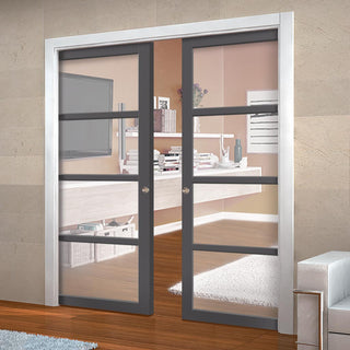 Image: Bespoke Handmade Eco-Urban® Brooklyn 4 Pane Double Evokit Pocket Door DD6308G - Clear Glass - Colour Options