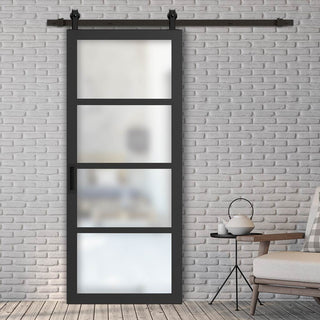 Image: Top Mounted Black Sliding Track & Solid Wood Door - Eco-Urban® Brooklyn 4 Pane Solid Wood Door DD6308SG - Frosted Glass - Shadow Black Premium Primed