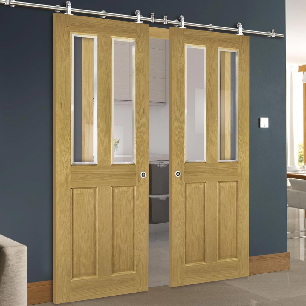 Sirius Tubular Stainless Steel Sliding Track & Bury Oak Double Door - Clear Bevelled Glass - Prefinished
