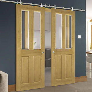 Image: Sirius Tubular Stainless Steel Sliding Track & Bury Oak Double Door - Clear Bevelled Glass - Prefinished