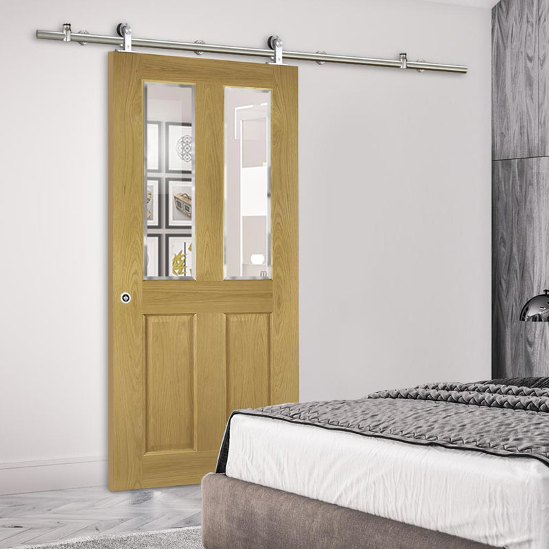 Sirius Tubular Stainless Steel Sliding Track & Bury Oak Door - Clear Bevelled Glass - Prefinished
