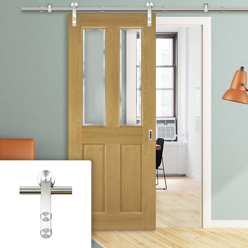 Saturn Tubular Stainless Steel Sliding Track & Bury Oak Door - Clear Bevelled Glass - Prefinished