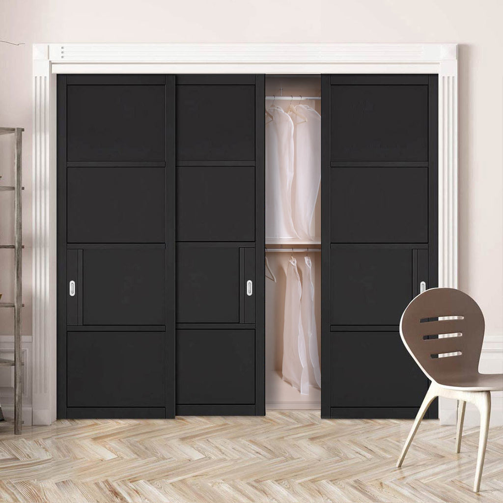 Minimalist Wardrobe Door & Frame Kit - Three Chelsea 4 Panel Black Primed Door