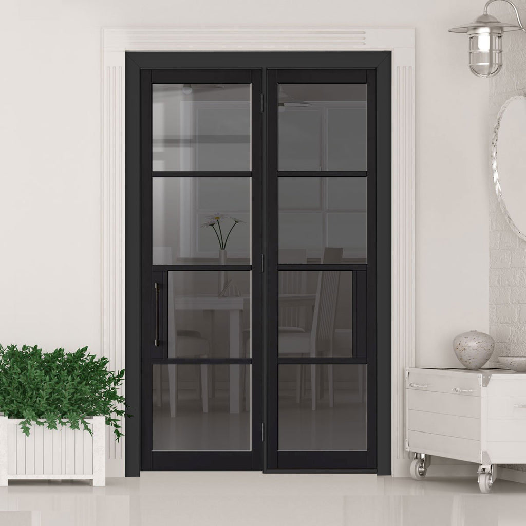 ThruEasi Room Divider - Chelsea 4 Pane Black Primed Tinted Glass Unfinished Door with Single Side