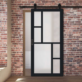 Image: Top Mounted Black Sliding Track & Solid Wood Door - Eco-Urban® Cairo 6 Pane Solid Wood Door DD6419SG Frosted Glass - Shadow Black Premium Primed