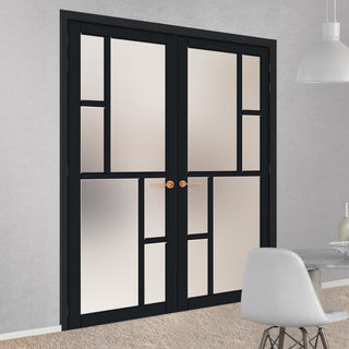 Image: Eco-Urban Cairo 6 Pane Solid Wood Internal Door Pair UK Made DD6419SG Frosted Glass - Eco-Urban® Shadow Black Premium Primed