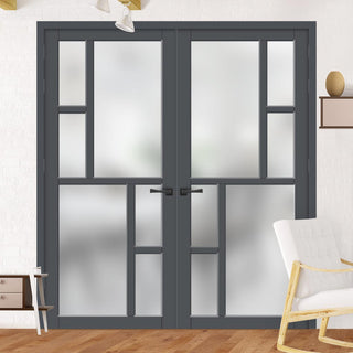 Image: Eco-Urban Cairo 6 Pane Solid Wood Internal Door Pair UK Made DD6419SG Frosted Glass - Eco-Urban® Stormy Grey Premium Primed