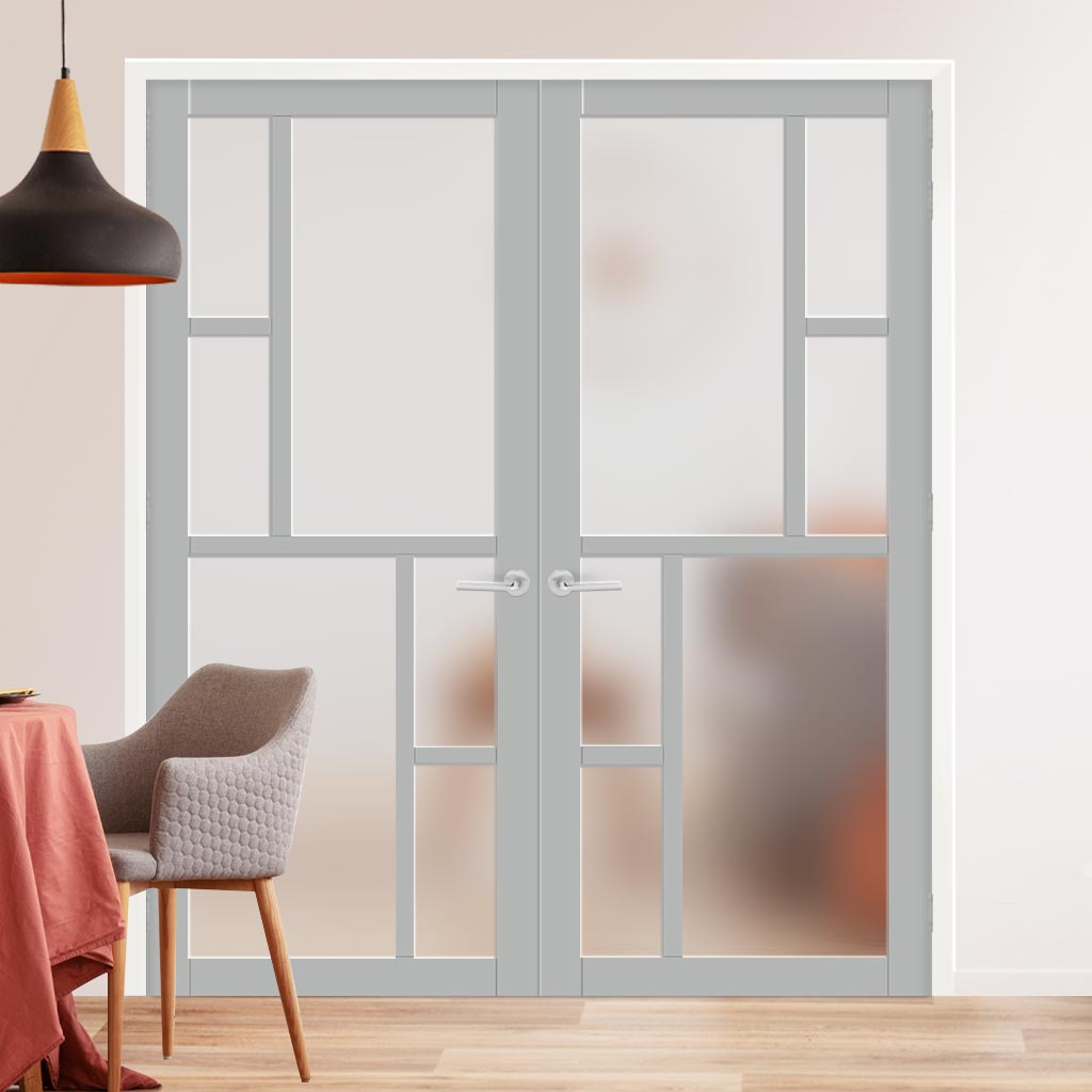 Eco-Urban Cairo 6 Pane Solid Wood Internal Door Pair UK Made DD6419SG Frosted Glass - Eco-Urban® Mist Grey Premium Primed