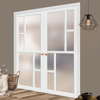 Image: Eco-Urban Cairo 6 Pane Solid Wood Internal Door Pair UK Made DD6419SG Frosted Glass - Eco-Urban® Cloud White Premium Primed