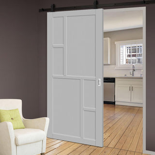 Image: Top Mounted Black Sliding Track & Solid Wood Door - Eco-Urban® Cairo 6 Panel Solid Wood Door DD6419 - Mist Grey Premium Primed