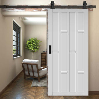 Image: Top Mounted Black Sliding Track & Solid Wood Door - Eco-Urban® Caledonia 10 Panel Solid Wood Door DD6433 - Cloud White Premium Primed