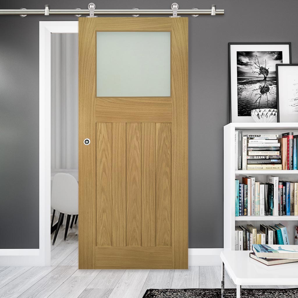 Sirius Tubular Stainless Steel Sliding Track & Cambridge Period Oak Door - Frosted Glass - Unfinished