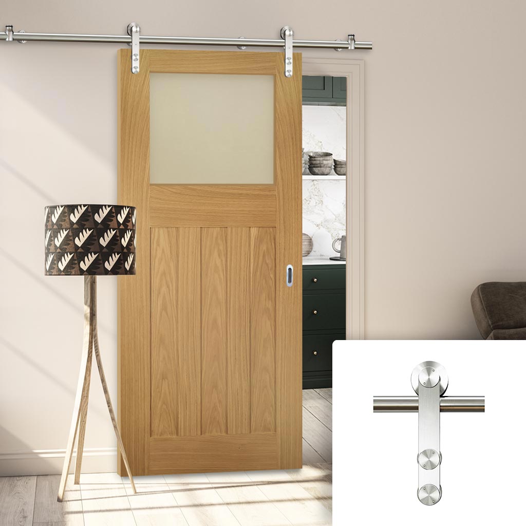 Saturn Tubular Stainless Steel Sliding Track & Cambridge Period Oak Door - Frosted Glass - Unfinished