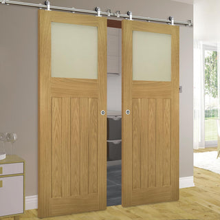 Image: Sirius Tubular Stainless Steel Sliding Track & Cambridge Period Oak Double Door - Frosted Glass - Unfinished