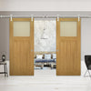 Saturn Tubular Stainless Steel Sliding Track & Cambridge Period Oak Double Door - Frosted Glass - Unfinished