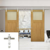Saturn Tubular Stainless Steel Sliding Track & Cambridge Period Oak Double Door - Frosted Glass - Unfinished