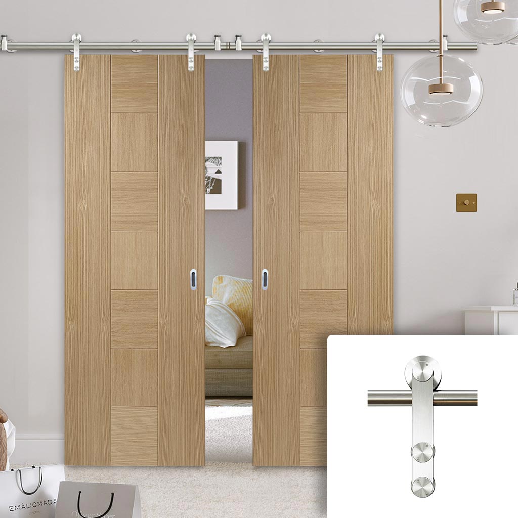 Saturn Tubular Stainless Steel Sliding Track & Catalonia Flush Oak Double Door - Prefinished