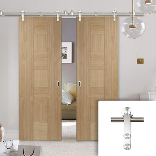 Image: Saturn Tubular Stainless Steel Sliding Track & Catalonia Flush Oak Double Door - Prefinished