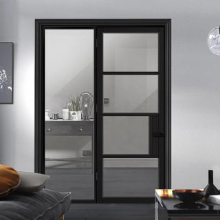 Image: ThruEasi Black Room Divider - Chelsea 4 Pane Primed Clear Glass Unfinished Door with Full Glass Side