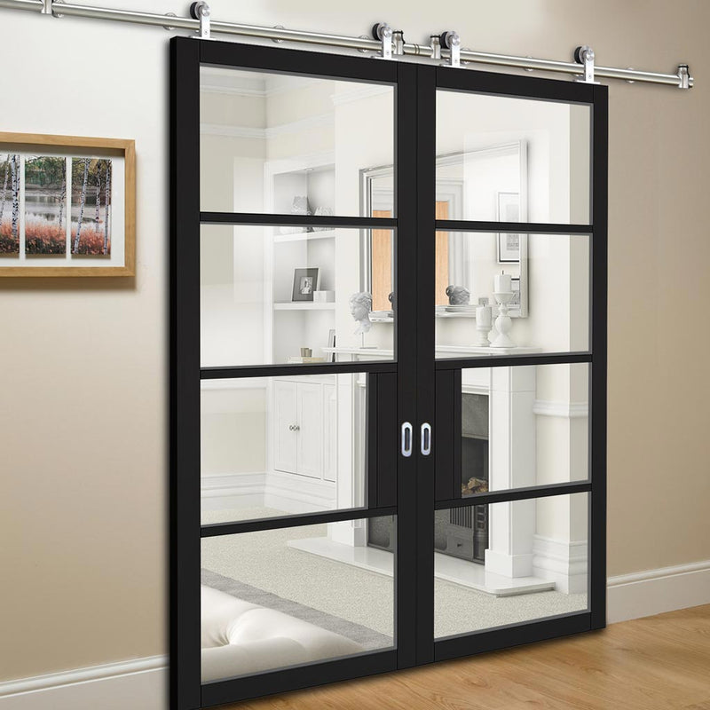 Sirius Tubular Stainless Steel Sliding Track & Chelsea 4 Pane Black Primed Double Door - Clear Glass