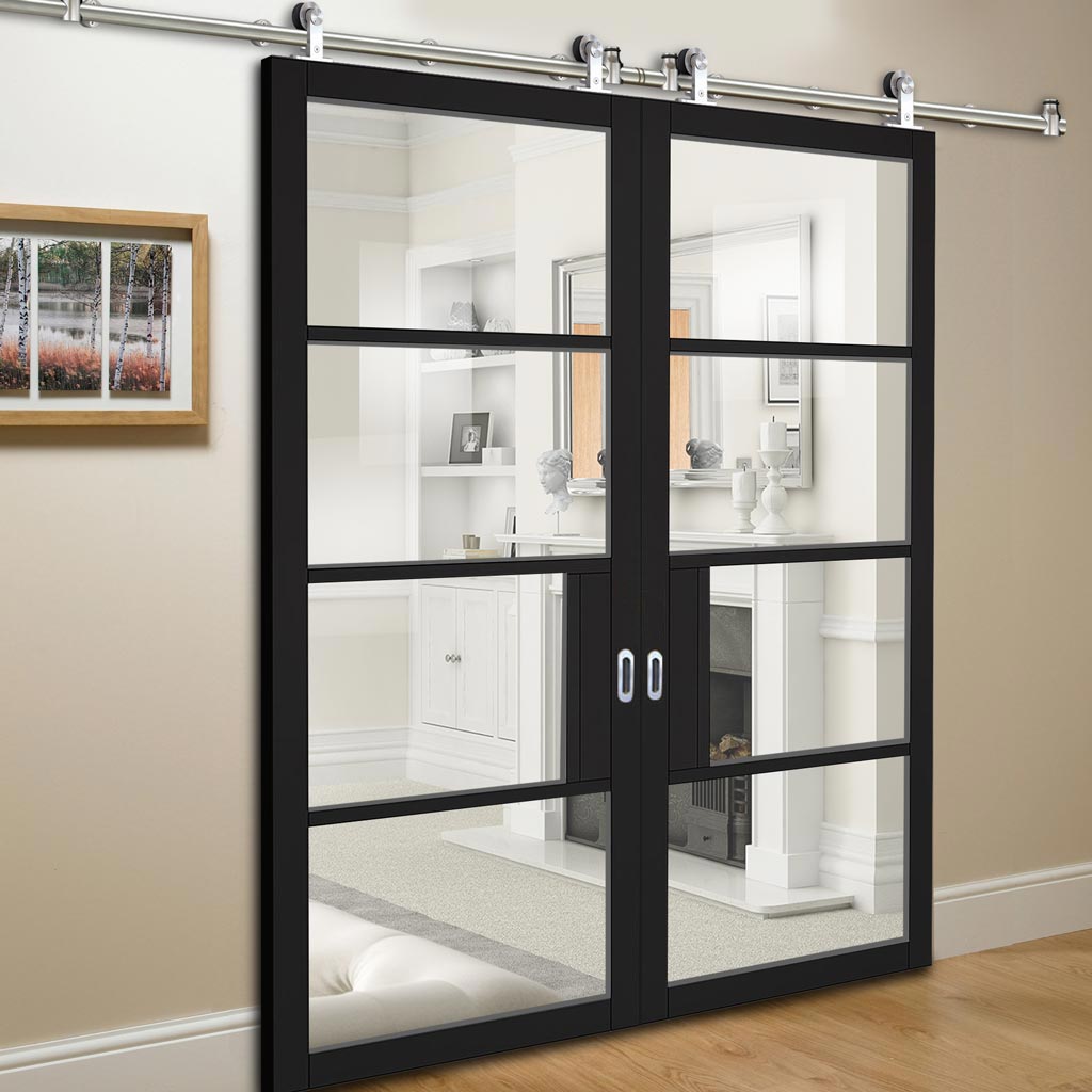 Sirius Tubular Stainless Steel Sliding Track & Chelsea 4 Pane Black Primed Double Door - Clear Glass