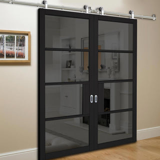 Image: Sirius Tubular Stainless Steel Sliding Track & Chelsea 4 Pane Black Primed Double Door - Tinted Glass