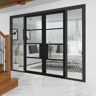Image: ThruEasi Black Room Divider - Chelsea 4 Pane Primed Clear Glass Unfinished Door Pair with Full Glass Sides