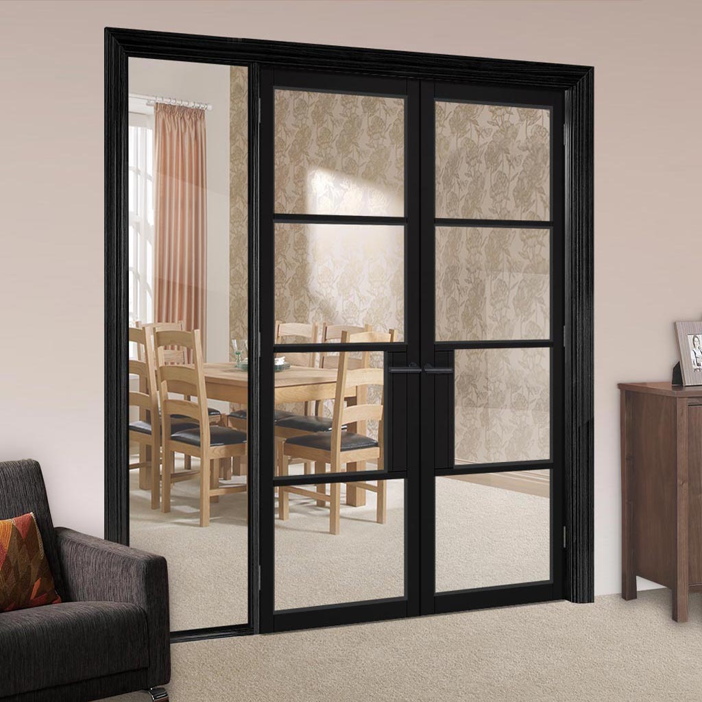 ThruEasi Black Room Divider - Chelsea 4 Pane Primed Clear Glass Unfinished Door Pair with Full Glass Side