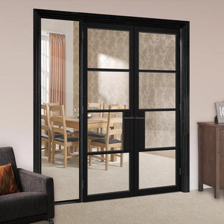 Image: ThruEasi Black Room Divider - Chelsea 4 Pane Primed Clear Glass Unfinished Door Pair with Full Glass Side