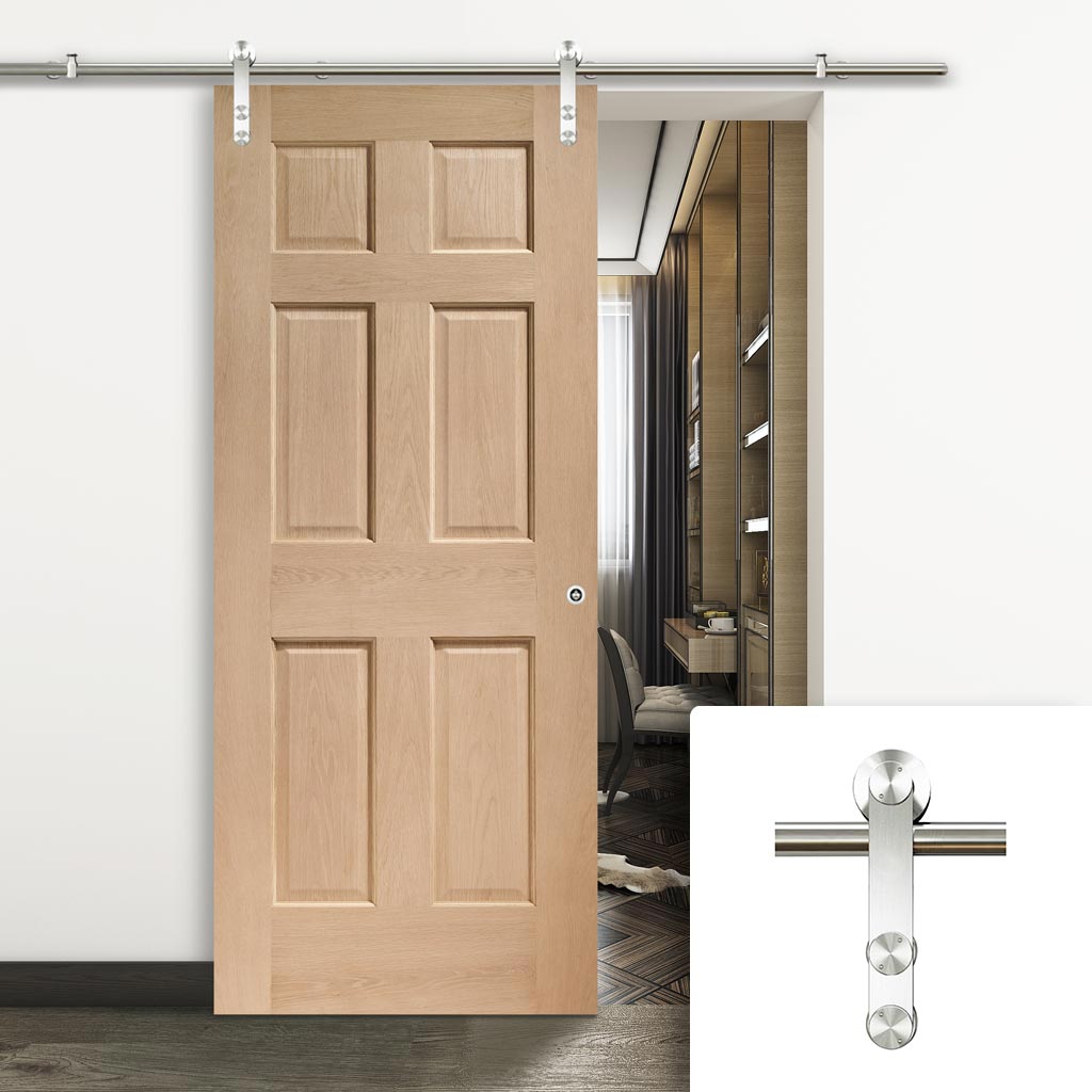 Saturn Tubular Stainless Steel Sliding Track & Colonial Oak 6 Panel Door - No Raised Mouldings