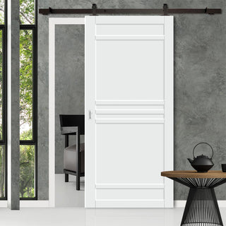 Image: Top Mounted Black Sliding Track & Solid Wood Door - Eco-Urban® Colorado 6 Panel Solid Wood Door DD6436 - Cloud White Premium Primed