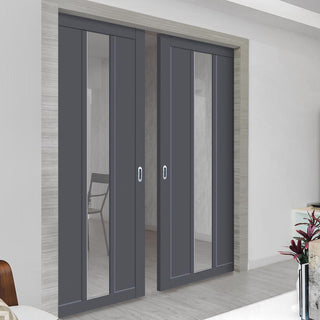 Image: Bespoke Handmade Eco-Urban® Cornwall 1 Pane 2 Panel Double Evokit Pocket Door DD6404G Clear Glass - Colour Options
