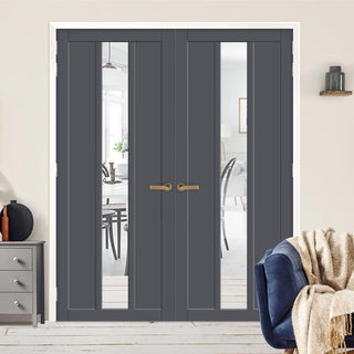 Image: Eco-Urban Cornwall 1 Pane 2 Panel Solid Wood Internal Door Pair UK Made DD6404G Clear Glass - Eco-Urban® Stormy Grey Premium Primed