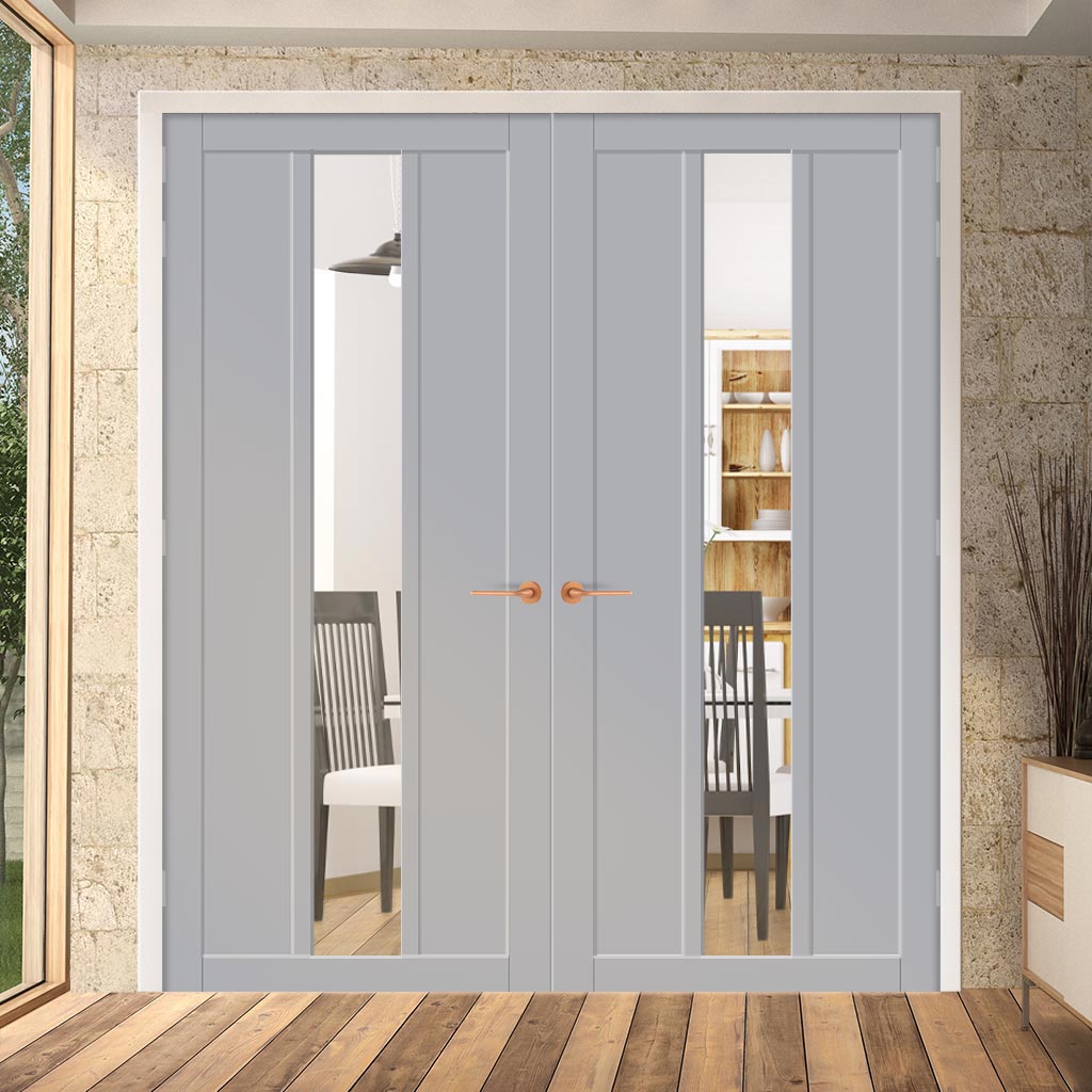 Eco-Urban Cornwall 1 Pane 2 Panel Solid Wood Internal Door Pair UK Made DD6404G Clear Glass  - Eco-Urban® Mist Grey Premium Primed