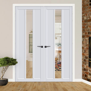 Image: Eco-Urban Cornwall 1 Pane 2 Panel Solid Wood Internal Door Pair UK Made DD6404G Clear Glass - Eco-Urban® Cloud White Premium Primed
