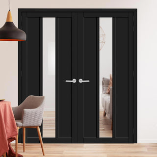 Image: Eco-Urban Cornwall 1 Pane 2 Panel Solid Wood Internal Door Pair UK Made DD6404G Clear Glass - Eco-Urban® Shadow Black Premium Primed