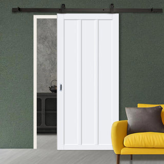 Image: Top Mounted Black Sliding Track & Solid Wood Door - Eco-Urban® Cornwall 3 Panel Solid Wood Door DD6404 - Cloud White Premium Primed