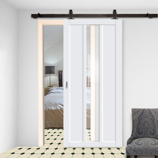 Image: Top Mounted Black Sliding Track & Solid Wood Door - Eco-Urban® Cornwall 1 Pane 2 Panel Solid Wood Door DD6404G Clear Glass - Cloud White Premium Primed