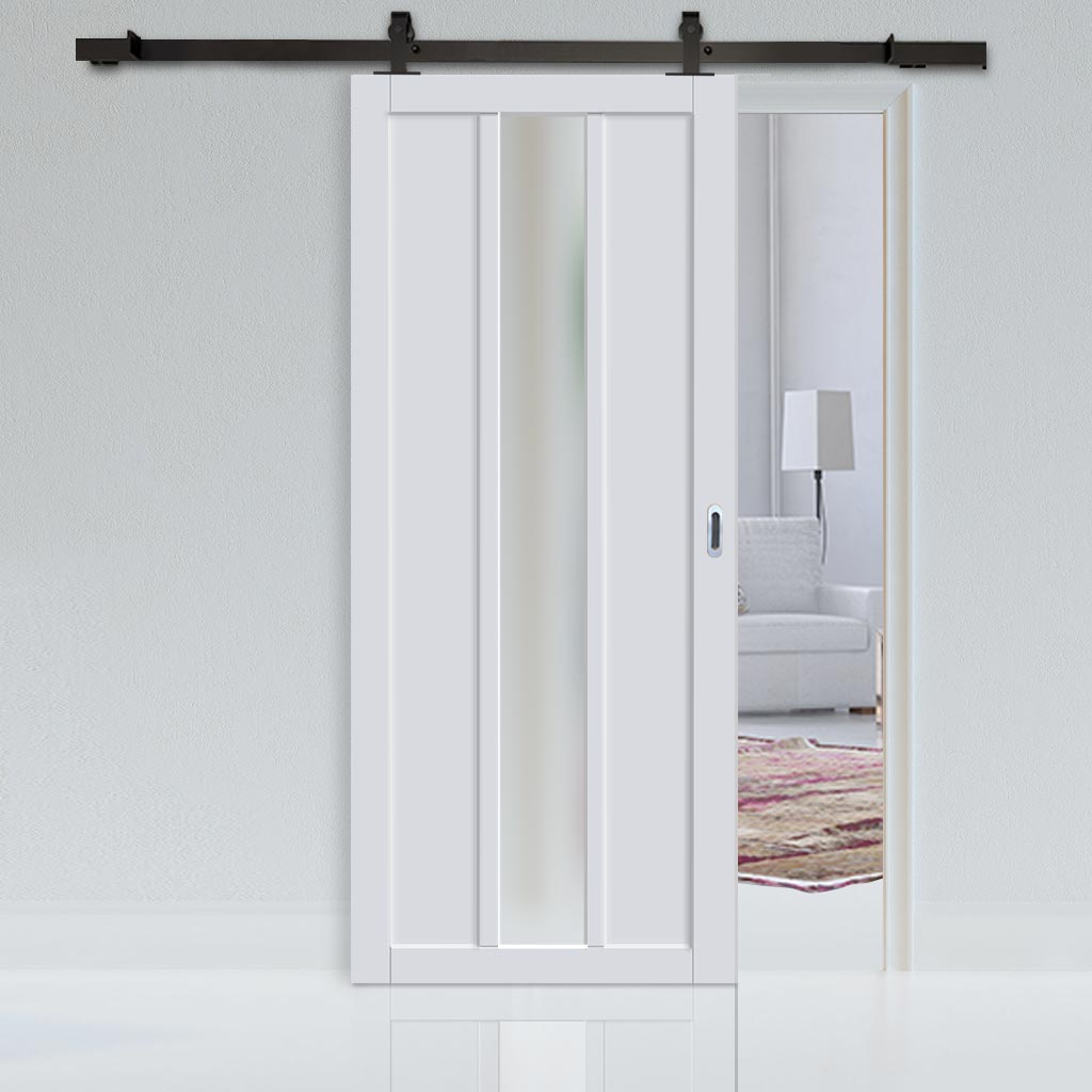 Top Mounted Black Sliding Track & Solid Wood Door - Eco-Urban® Cornwall 1 Pane 2 Panel Solid Wood Door DD6404SG Frosted Glass - Cloud White Premium Primed