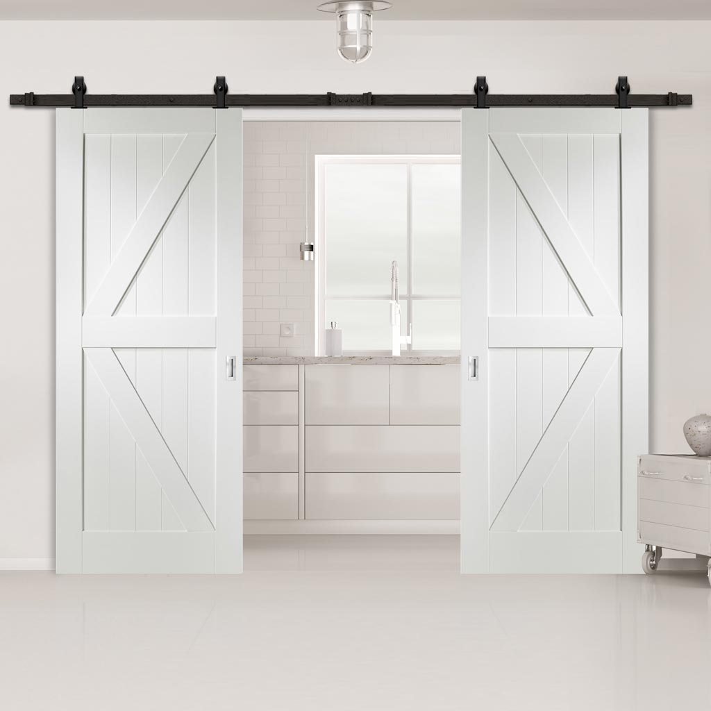 Top Mounted Black Sliding Track & Double Door - Cottage Frame Ledge and Braced Doors - White Primed