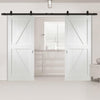 Top Mounted Black Sliding Track & Double Door - Cottage Frame Ledge and Braced Doors - White Primed